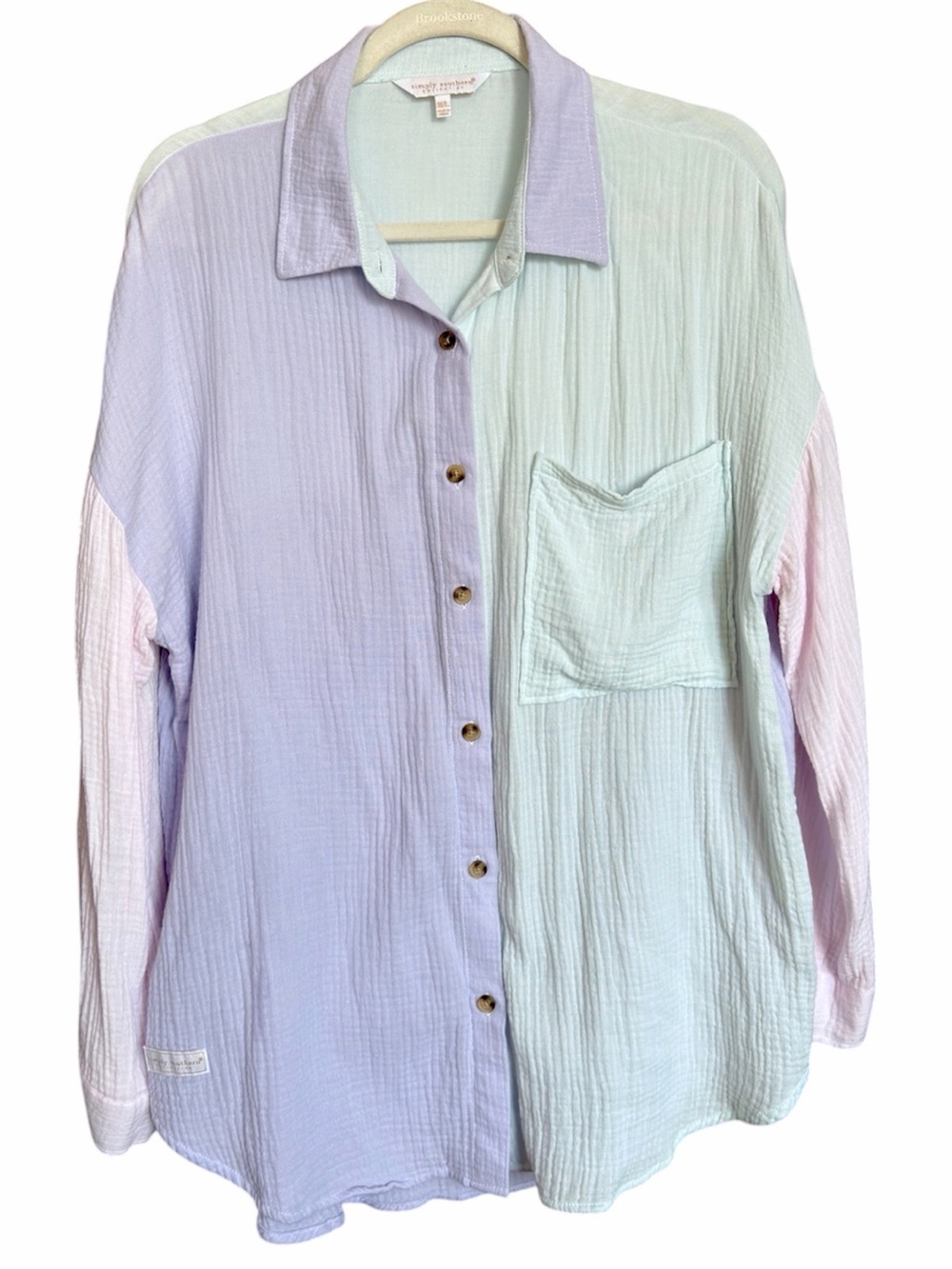 Pastel Color Block Button Down Cotton Guaze Top Long Sleeve Shirt Boutique M/L